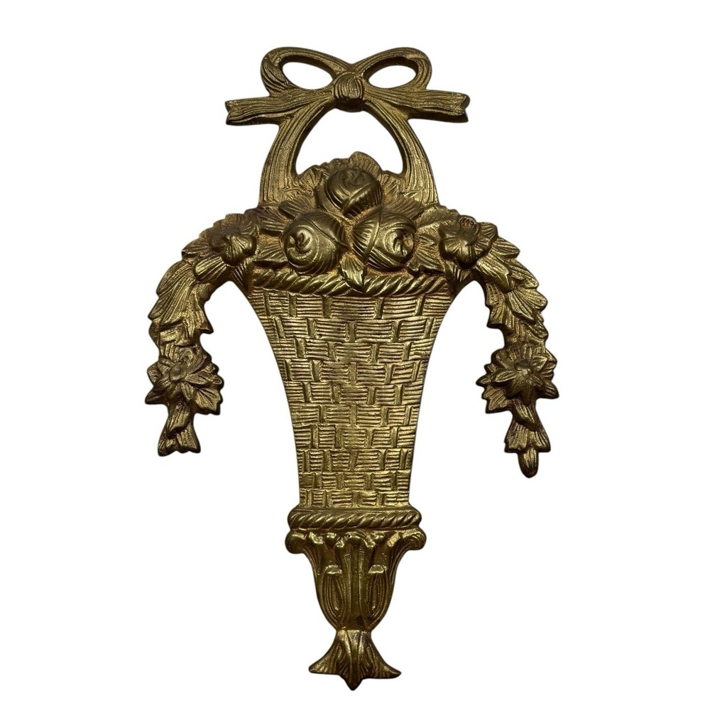 Vintage Brass Floral Basket Bow Wall Plaque French Countryside Regency Ornate